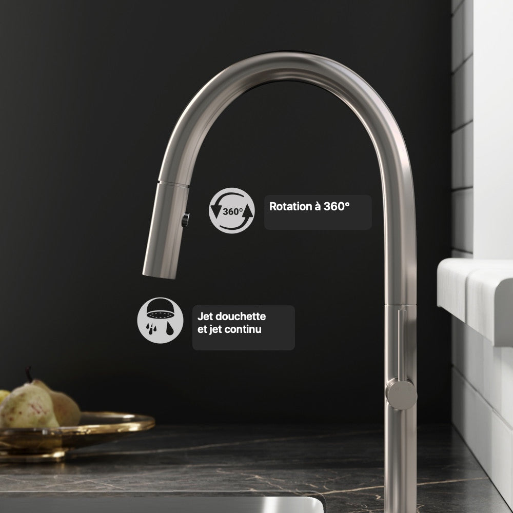 Chalet — Mitigeur de cuisine avec douchette extractible, nickel brossé