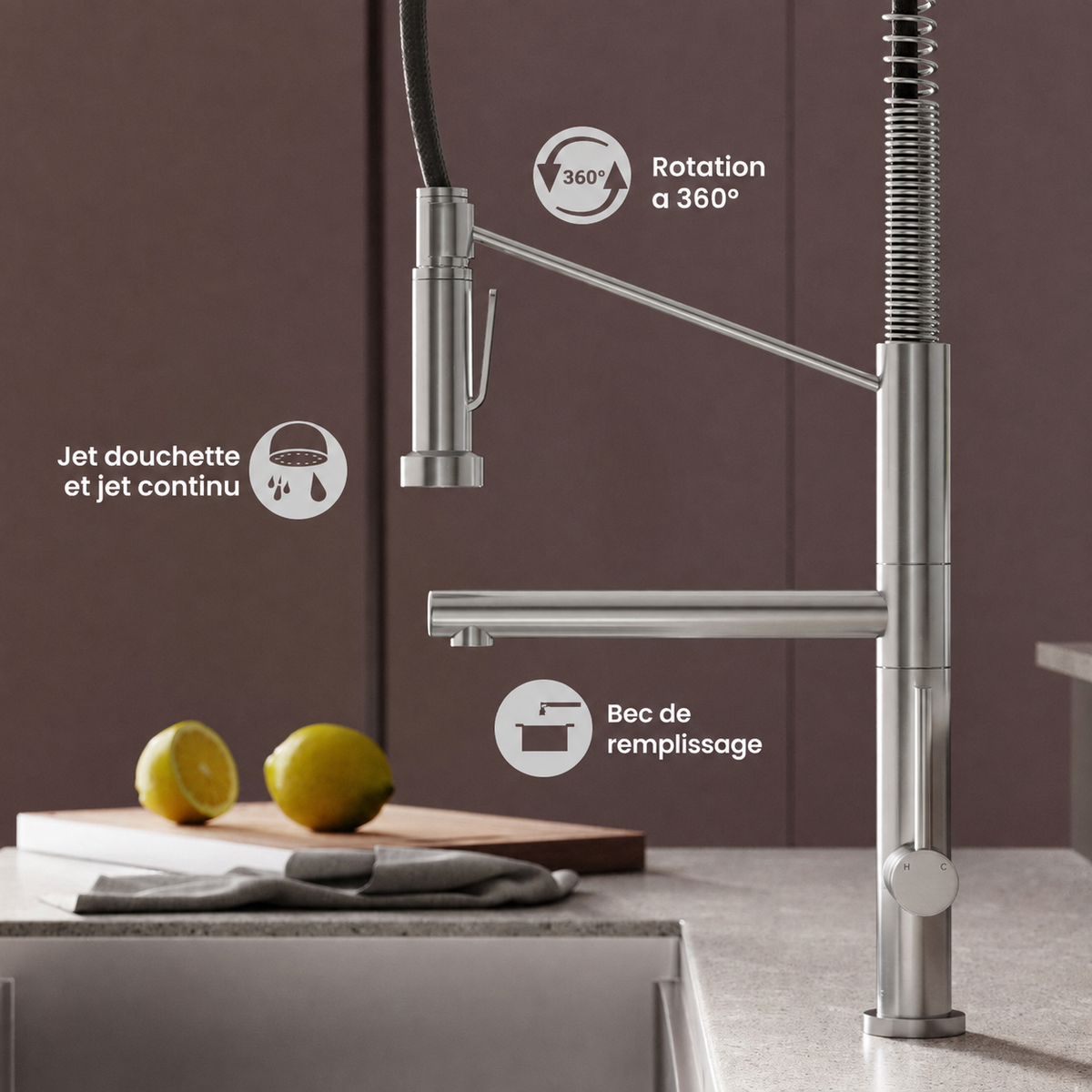 Nouvet Poignée unique, Pull-Down mitigeur de cuisine avec Pot Filler – finition nickel brossé