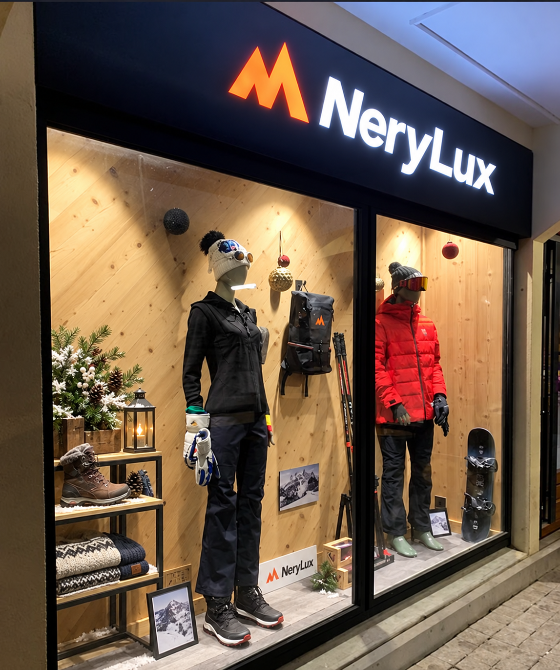 The NeryLux shop window in the United Kingdom, displaying winter clothing and accessories