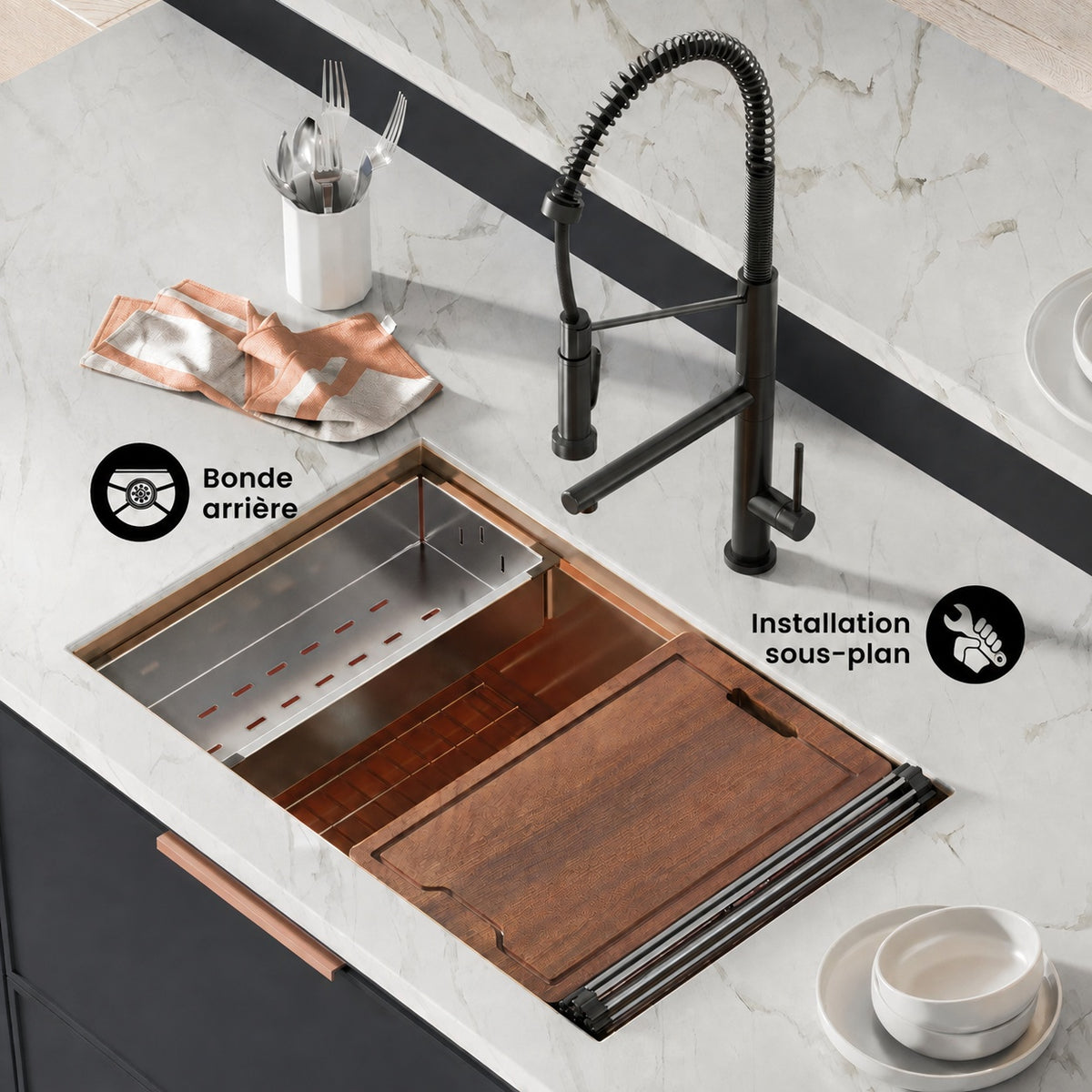 Tourner 76,2 × 48,3 cm acier inoxydable, simple Basin, Undermount Kitchen Workstation vasque – finition Rose or