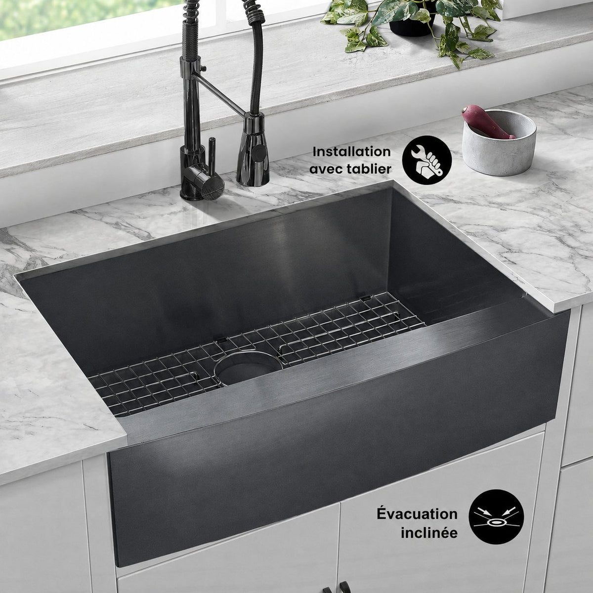 Rivage 76,2 × 53,3 cm acier inoxydable, simple Basin, Farmhouse évier de cuisine avec Apron – finition noir
