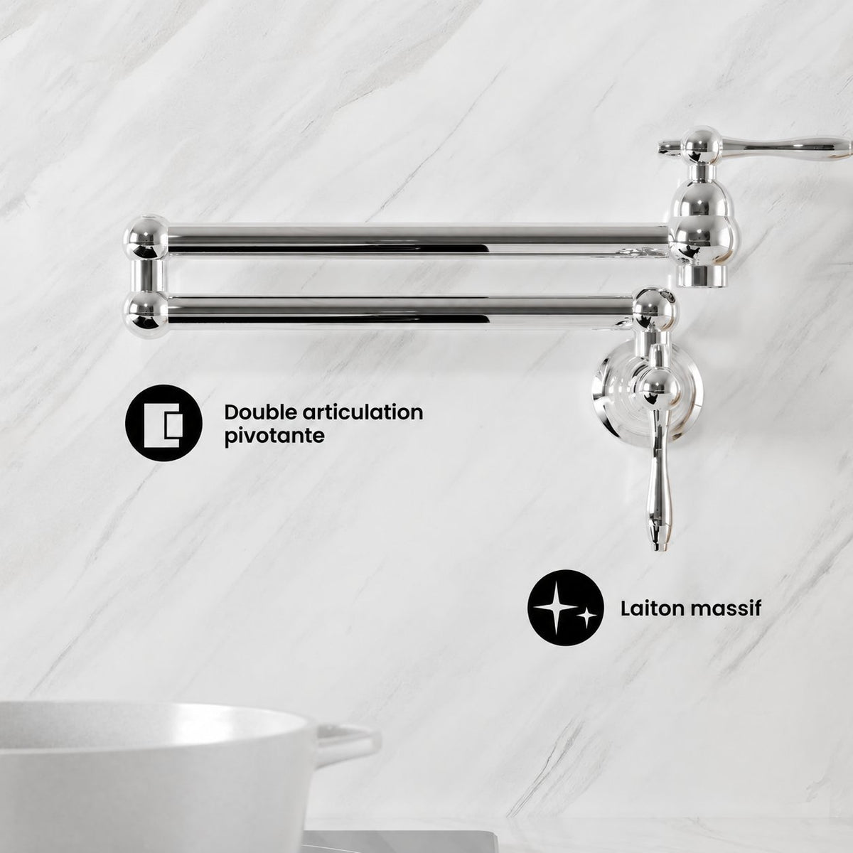 Plaisir Retractable mural Pot Filler robinet – finition chrome poli
