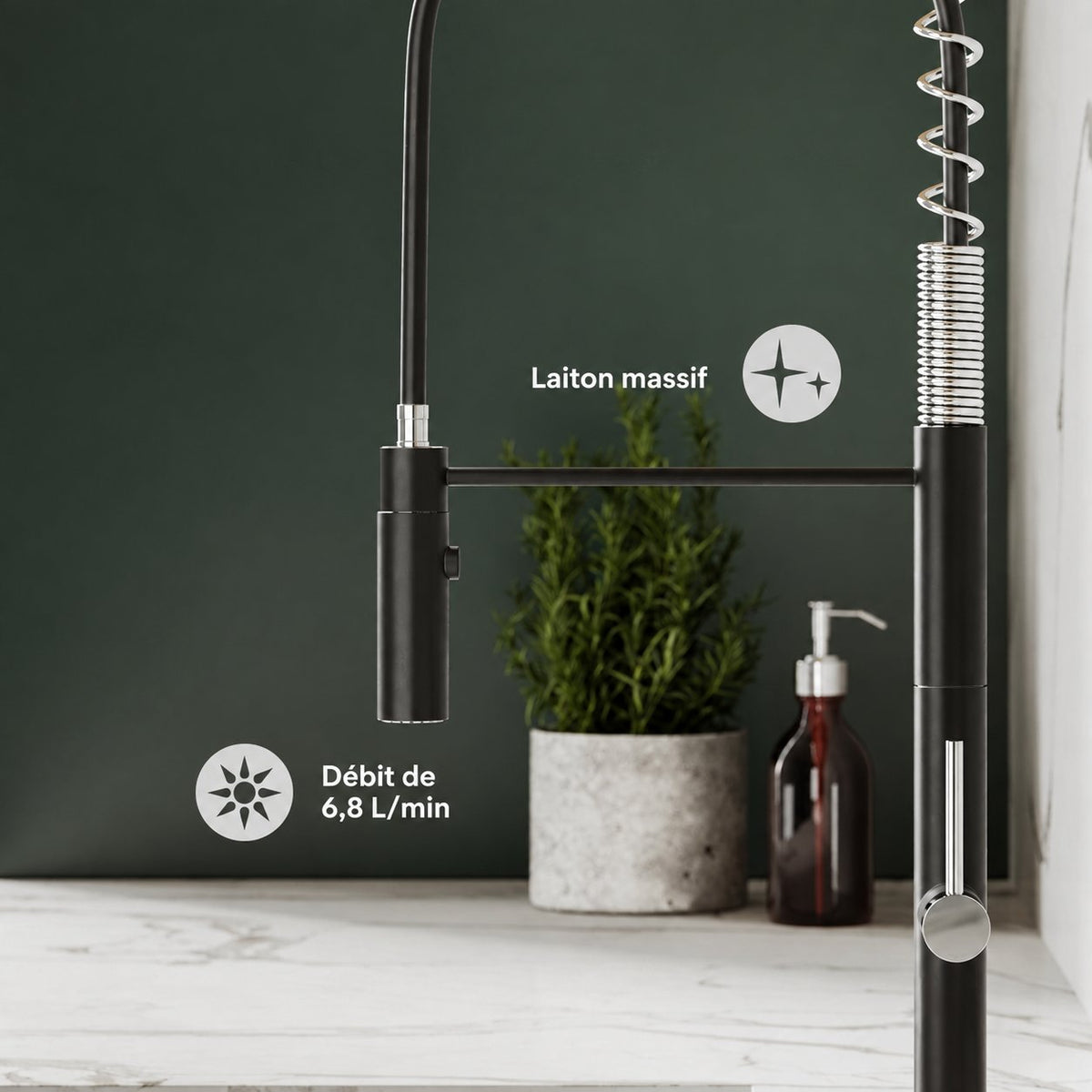 Chalet Poignée unique, Pull-Down mitigeur de cuisine – finition nickel brossé et noir