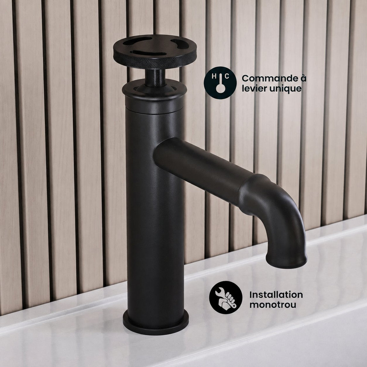Avallon monotrou, monocommande Wheel, mitigeur de lavabo – finition noir mat