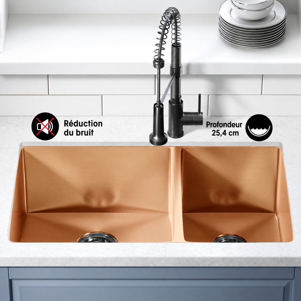 Rivage 83,8 × 50,8 cm acier inoxydable, Dual Basin, Undermount évier de cuisine – finition Rose or