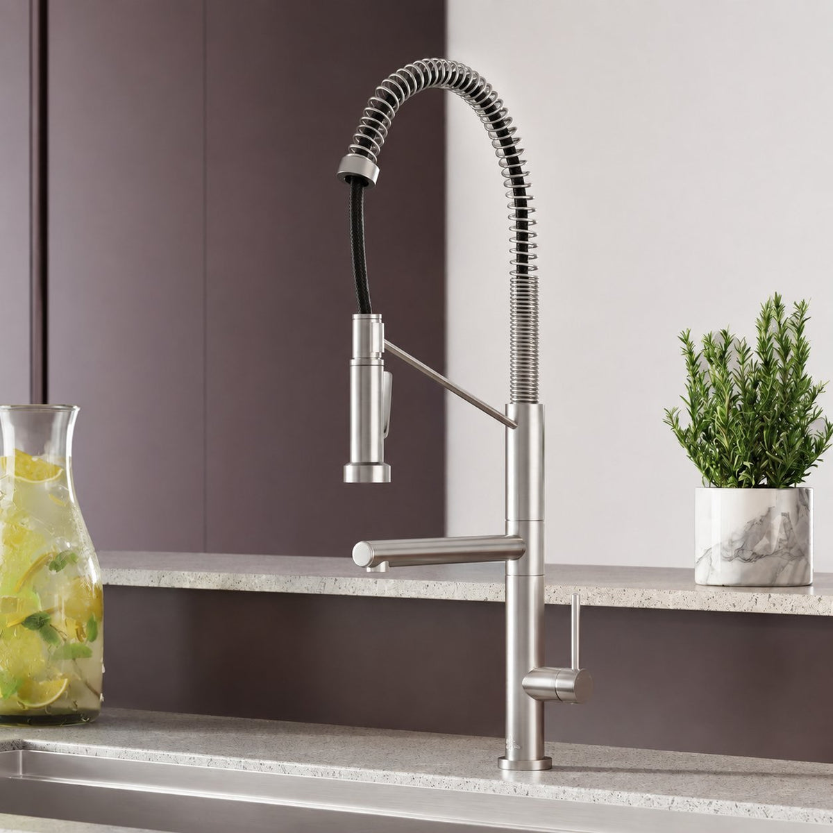 Nouvet Poignée unique, Pull-Down mitigeur de cuisine avec Pot Filler – finition nickel brossé