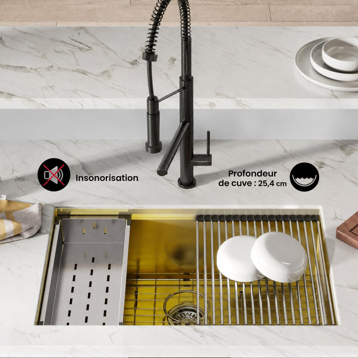 Tourner 76,2 × 48,3 cm acier inoxydable, simple Basin, Undermount Kitchen Workstation vasque – finition or
