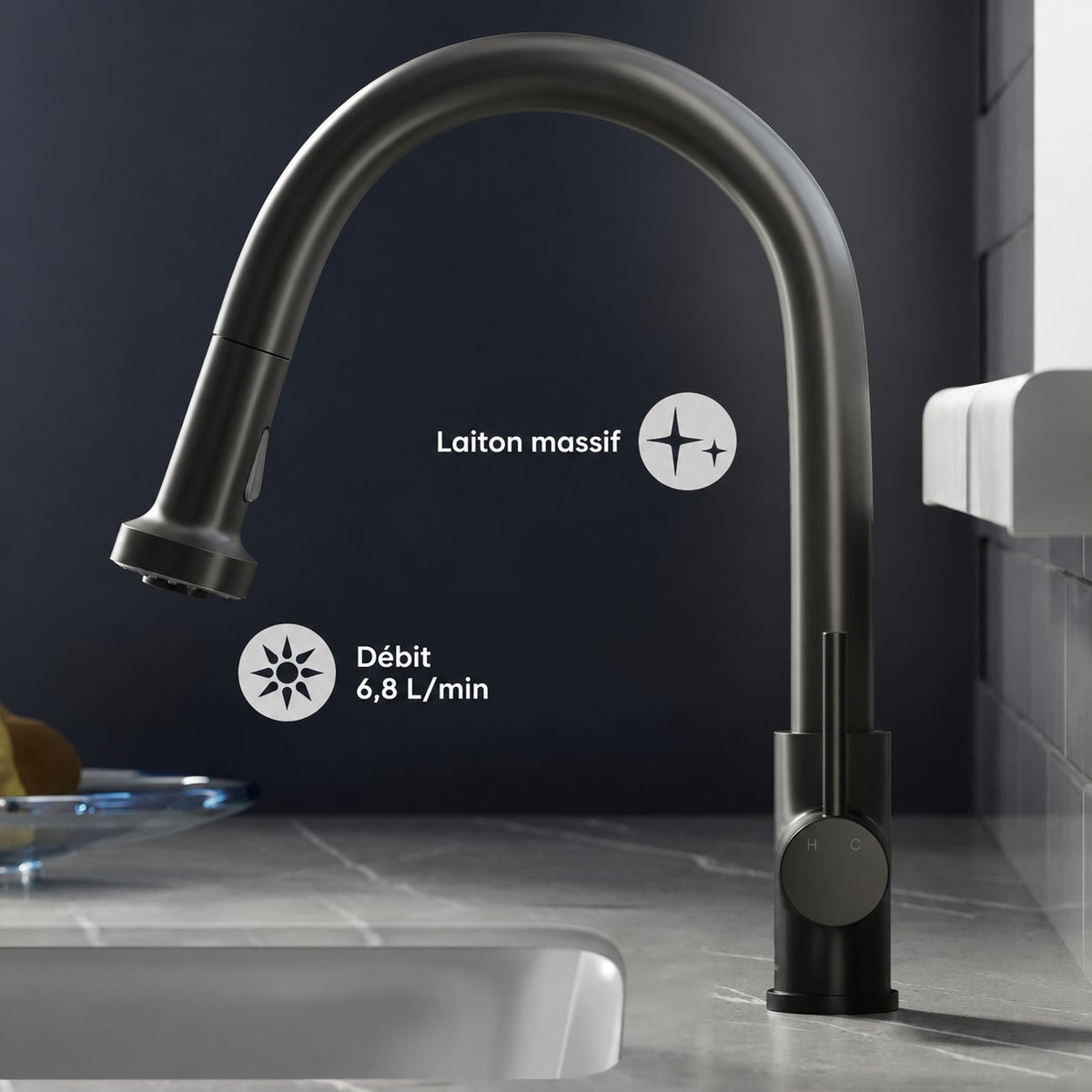 Nouvet Poignée unique, Pull-Down mitigeur de cuisine – finition noir mat