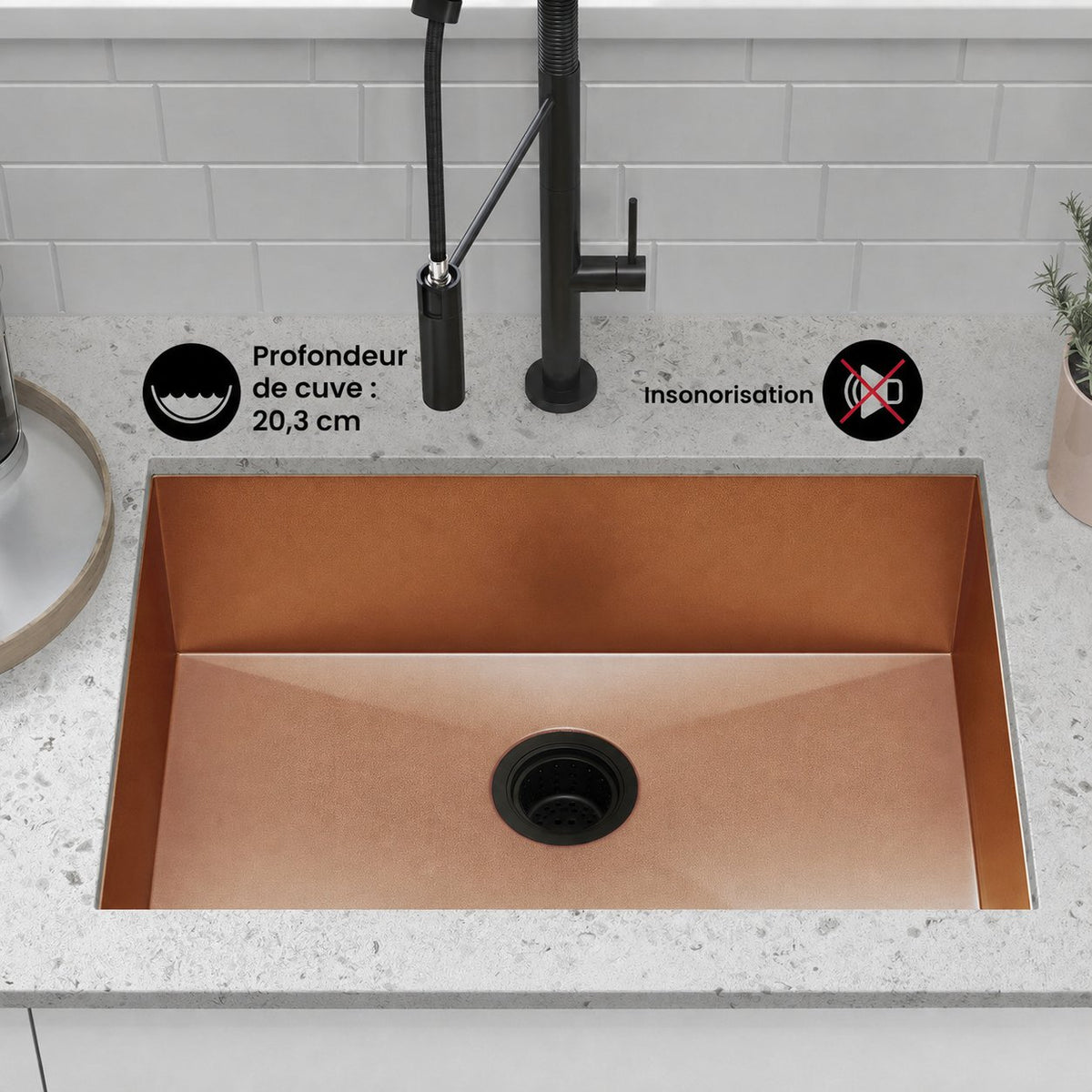 Tourner 66 × 45,7 cm acier inoxydable, simple Basin, Undermount évier de cuisine, Rose or