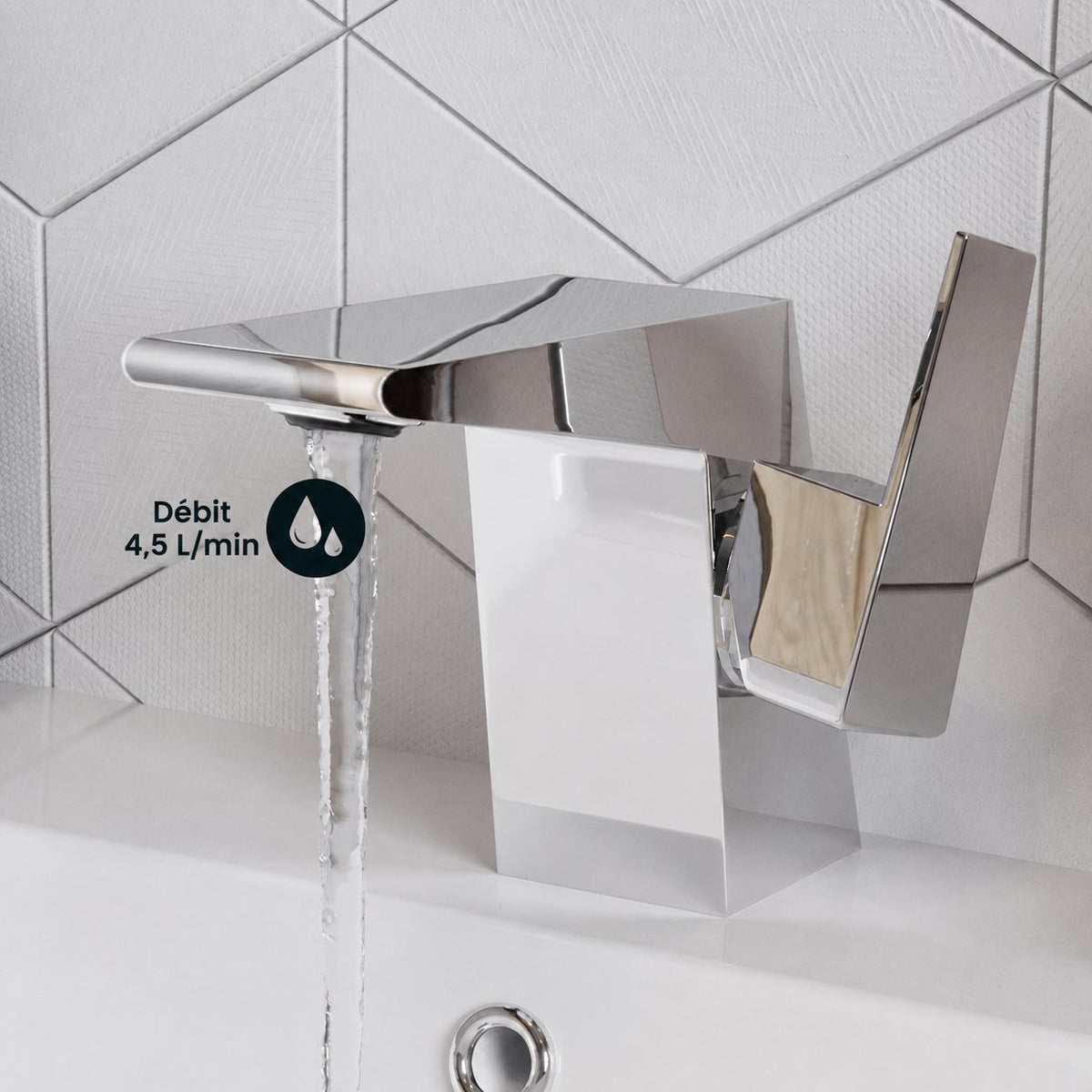 Carre monotrou, monocommande, mitigeur de lavabo – finition Chrome