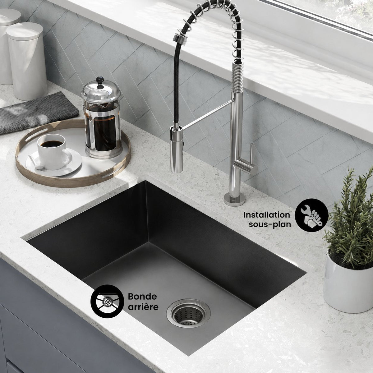 Tourner 68,6 × 48,3 cm acier inoxydable, simple Basin, Undermount évier de cuisine – finition noir