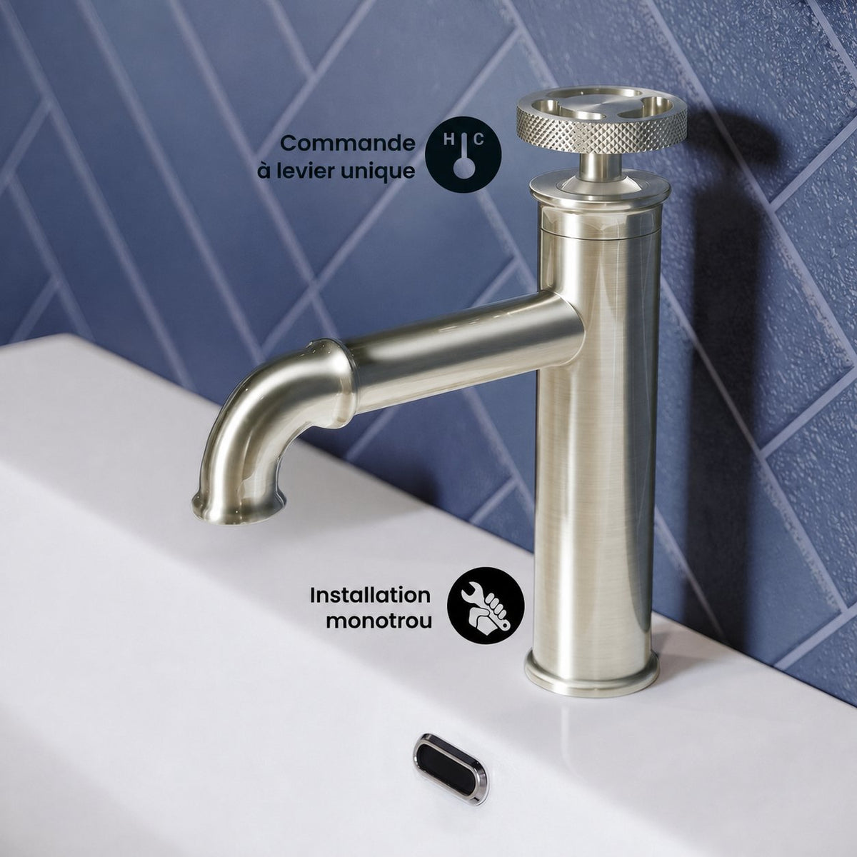 Avallon monotrou, monocommande Wheel, mitigeur de lavabo – finition nickel brossé