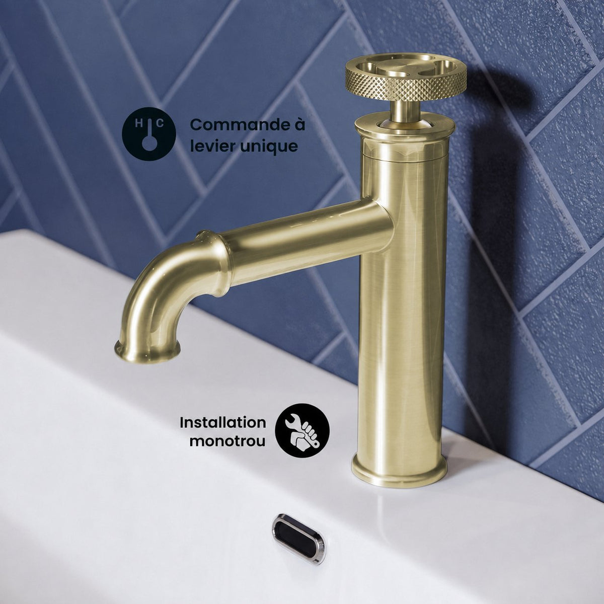 Avallon monotrou, monocommande Wheel, mitigeur de lavabo – finition or brossé