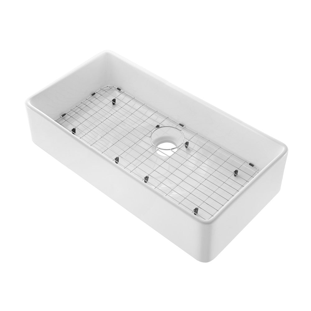 Elegance 91,4 cm x 50,8 cm simple Basin Fireclay Farmhouse évier de cuisine – finition blanc brillant avec acier inoxydable Grid