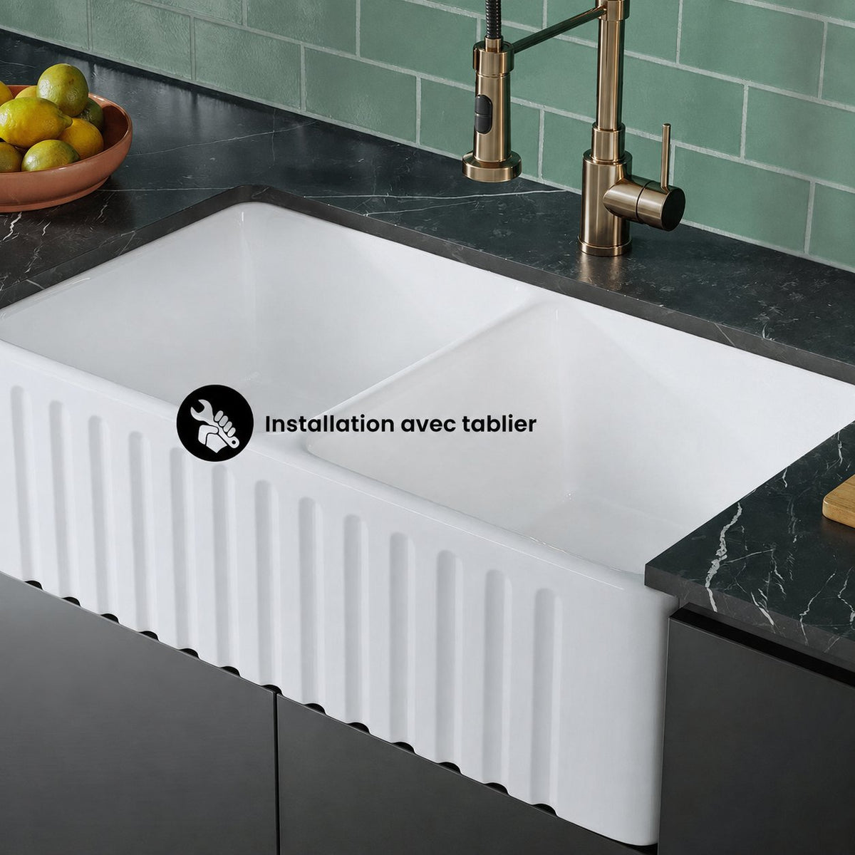 Delice 83,8 cm double Basin Fireclay Farmhouse évier de cuisine – finition blanc brillant