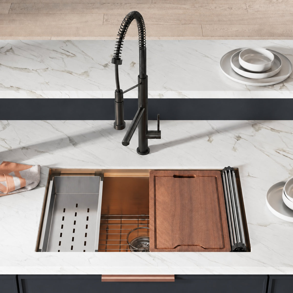Tourner 76,2 × 48,3 cm acier inoxydable, simple Basin, Undermount Kitchen Workstation vasque – finition Rose or