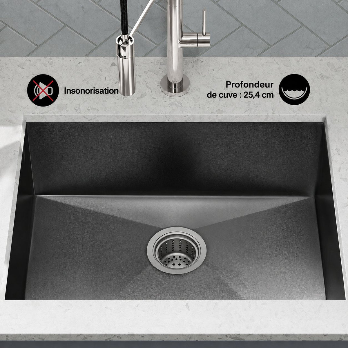 Tourner 68,6 × 48,3 cm acier inoxydable, simple Basin, Undermount évier de cuisine – finition noir