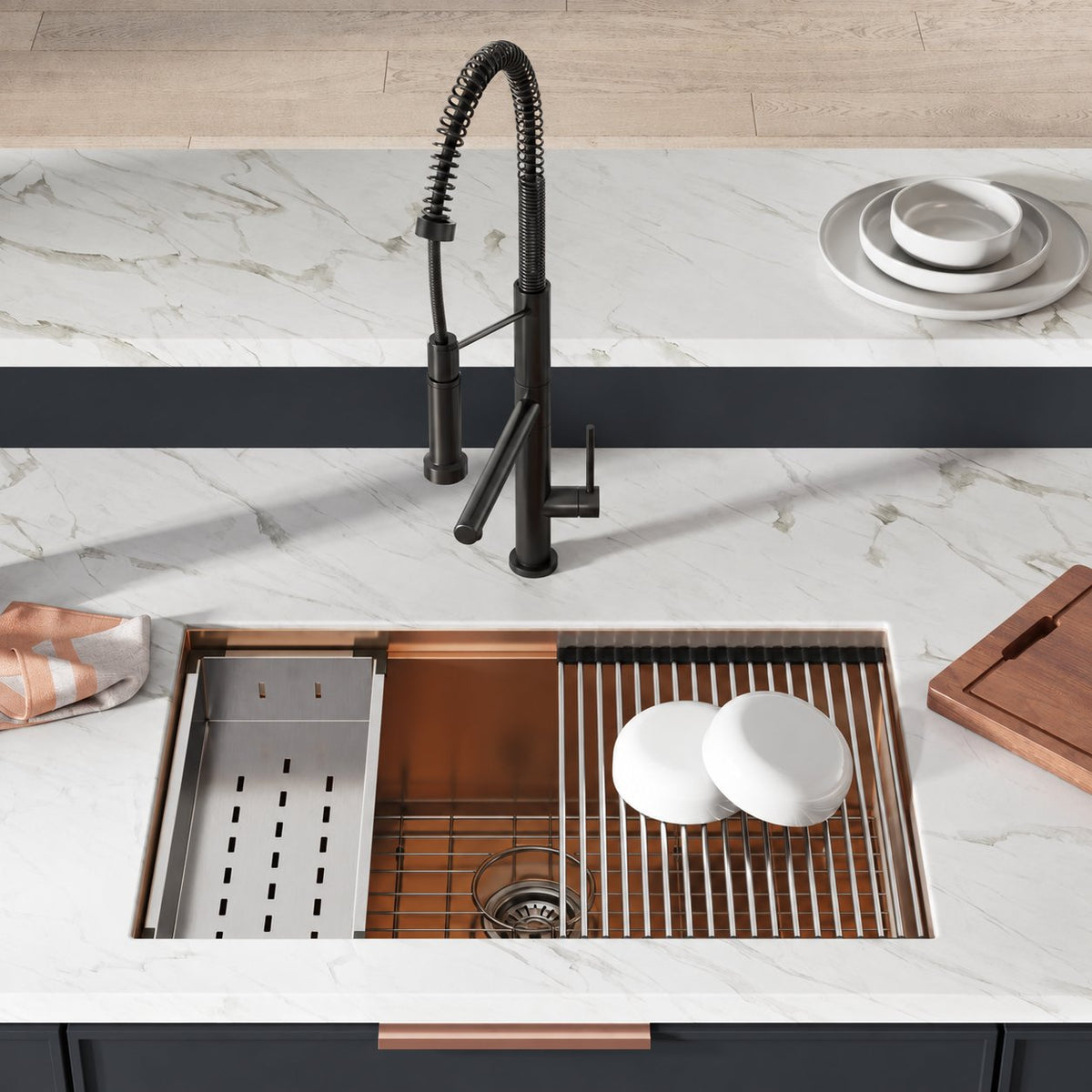 Tourner 76,2 × 48,3 cm acier inoxydable, simple Basin, Undermount Kitchen Workstation vasque – finition Rose or