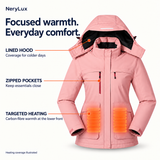 NeryLux Colour Trail pink jacket: lined hood, zipped chest pockets and carbon-fibre heating illustrated at the lower front.