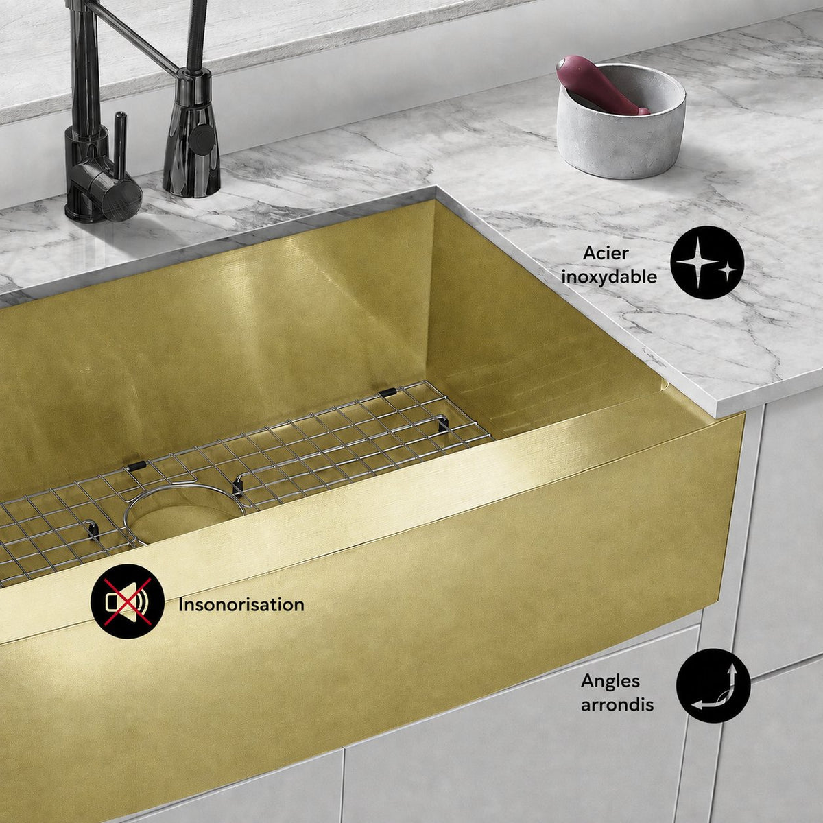 Rivage 76,2 × 53,3 cm acier inoxydable, simple Basin, Farmhouse évier de cuisine avec Apron – finition or