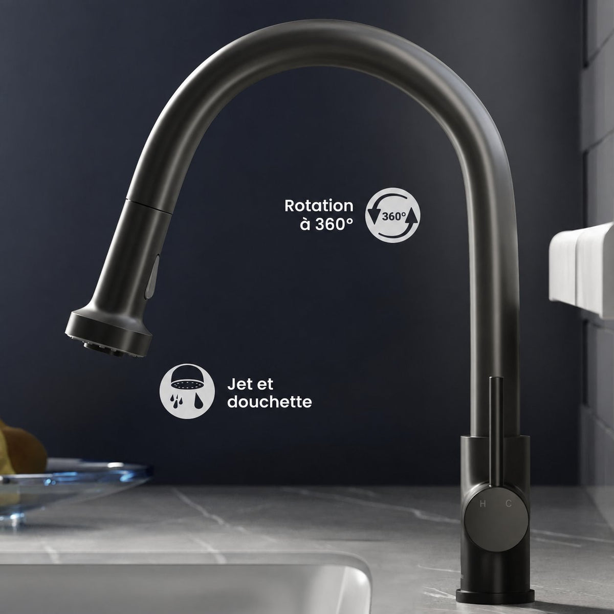 Nouvet Poignée unique, Pull-Down mitigeur de cuisine – finition noir mat