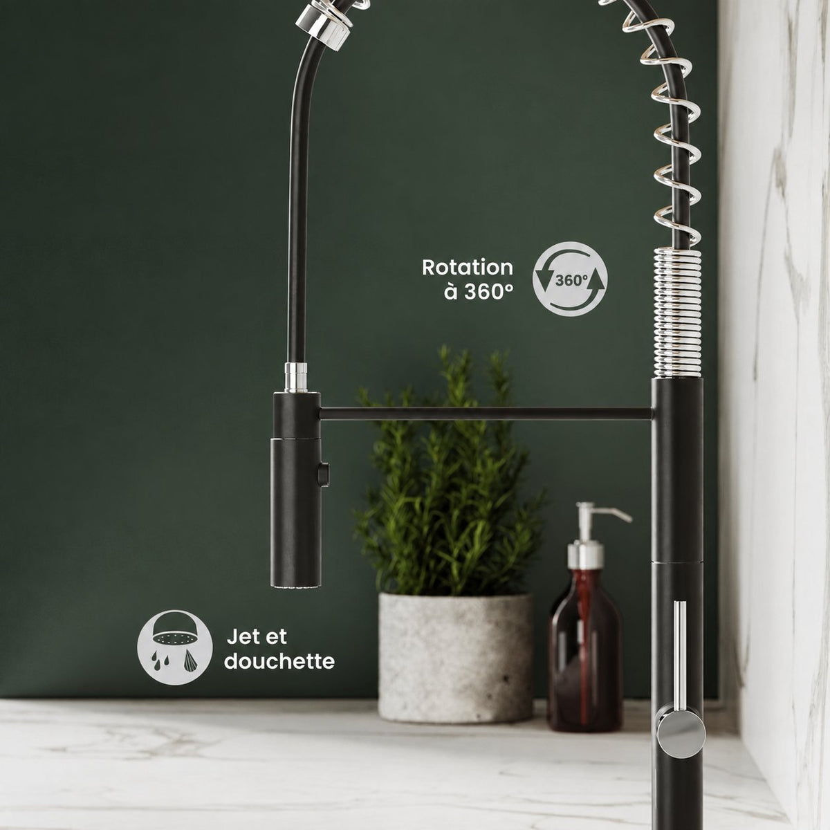 Chalet Poignée unique, Pull-Down mitigeur de cuisine – finition nickel brossé et noir