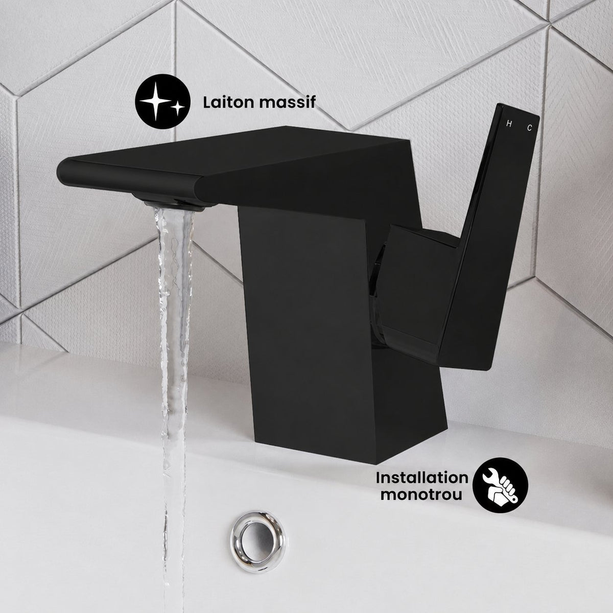 Carre monotrou, monocommande, mitigeur de lavabo – finition noir mat