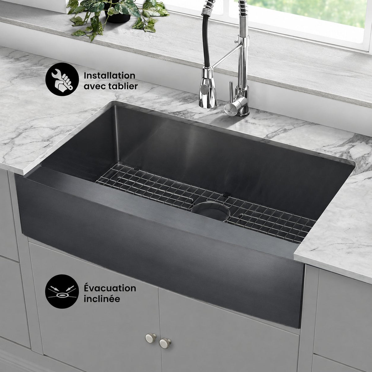 Rivage 91,4 × 53,3 cm acier inoxydable, simple Basin, Farmhouse évier de cuisine avec Apron – finition noir