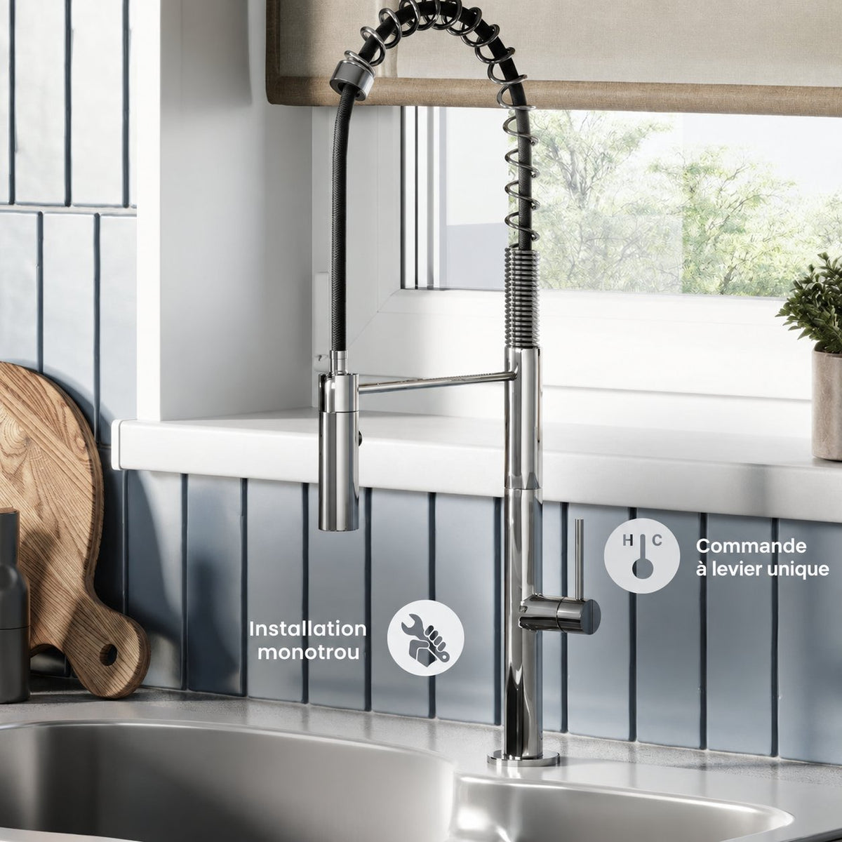Chalet Poignée unique, Pull-Down mitigeur de cuisine – finition Chrome