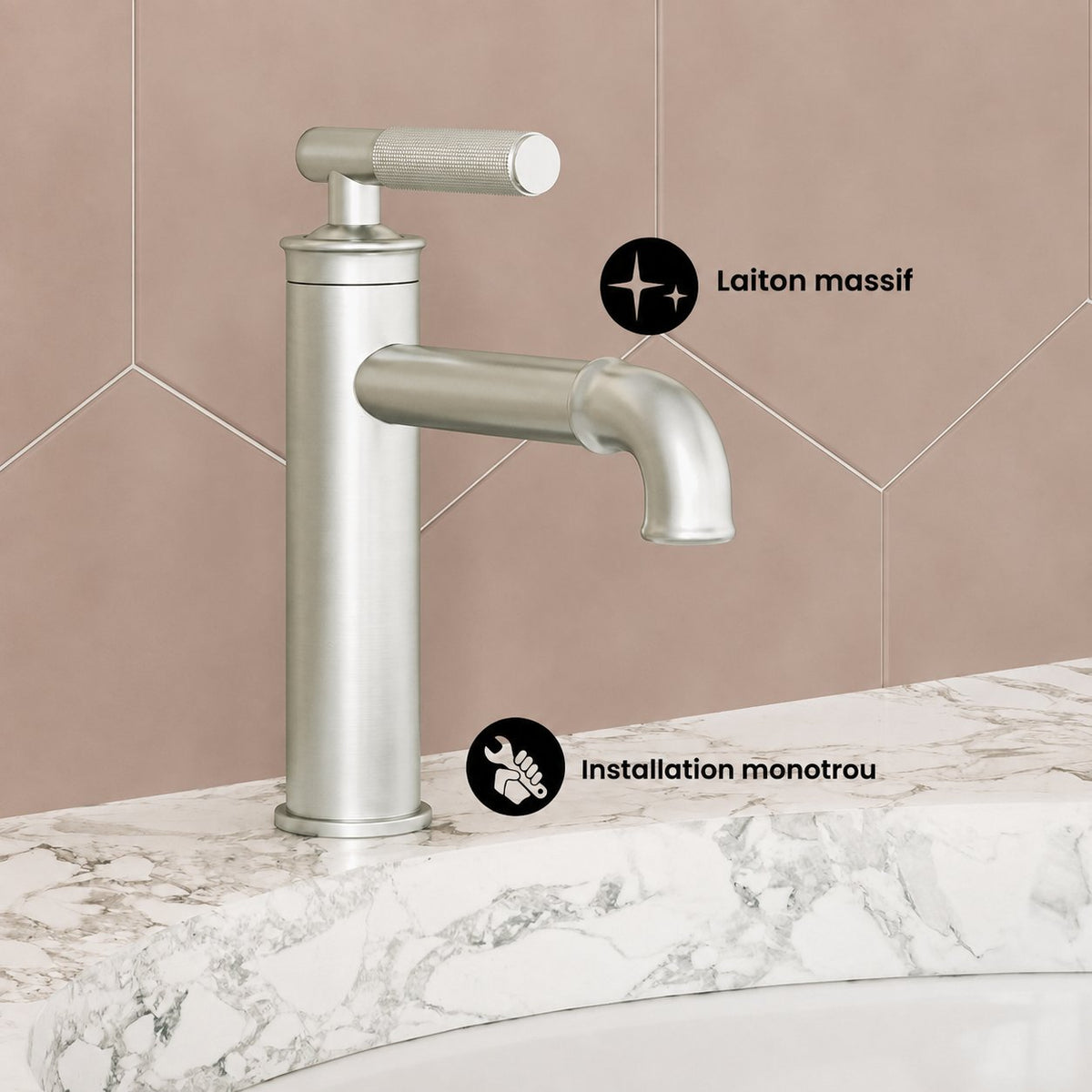 Avallon monotrou, monocommande Sleek, mitigeur de lavabo – finition nickel brossé