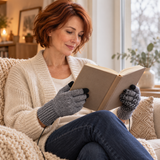 Woman reading by a window wearing grey marl Daily Knit USB heated gloves, with black touchscreen fingertips and power leads visible.
