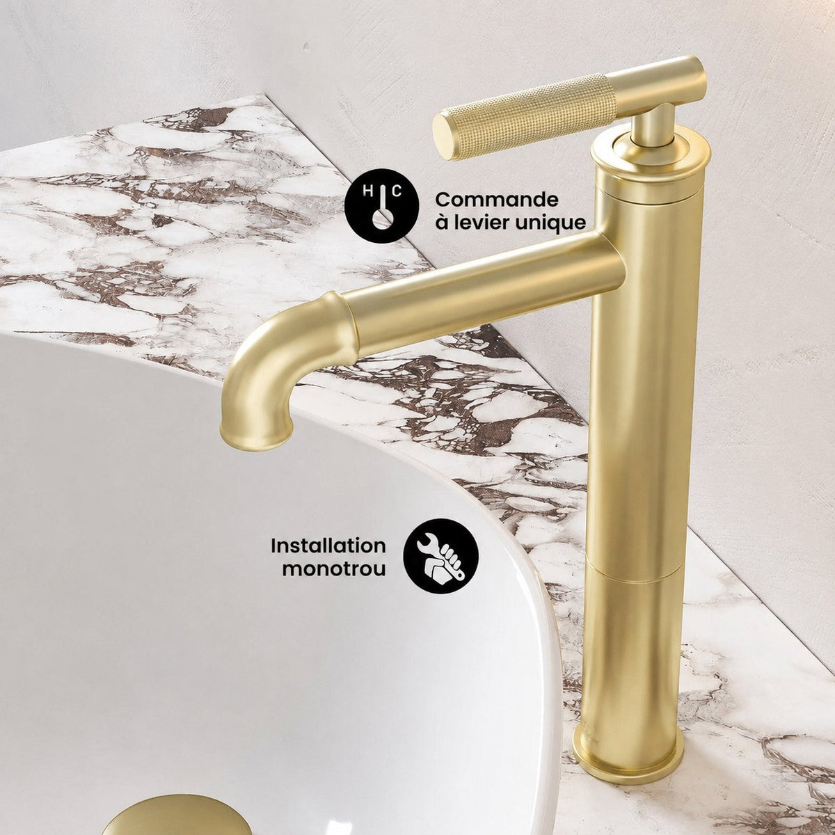 Avallon monotrou, monocommande Sleek, High Arc mitigeur de lavabo – finition or brossé