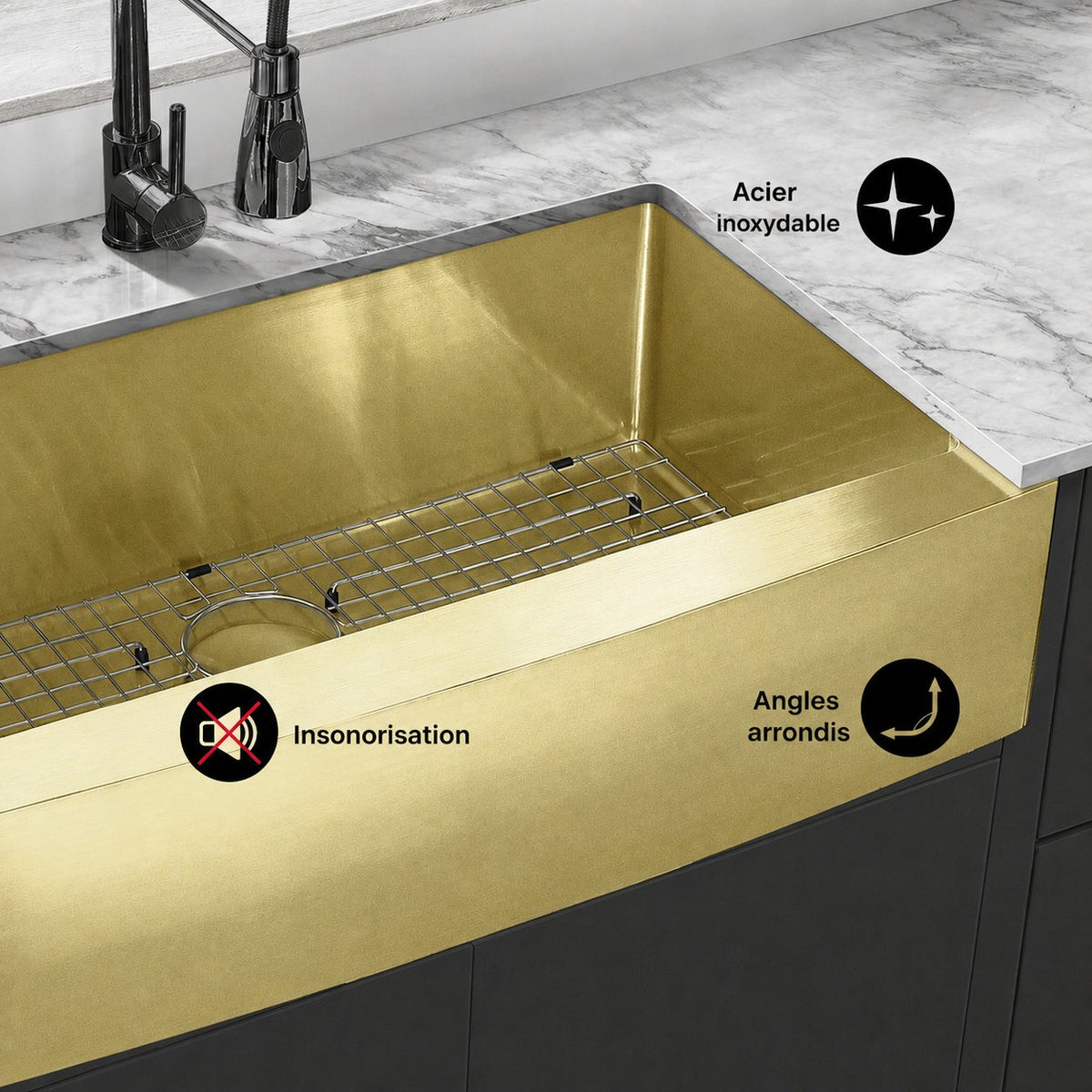 Rivage 91,4 × 53,3 cm acier inoxydable, simple Basin, Farmhouse évier de cuisine avec Apron – finition or