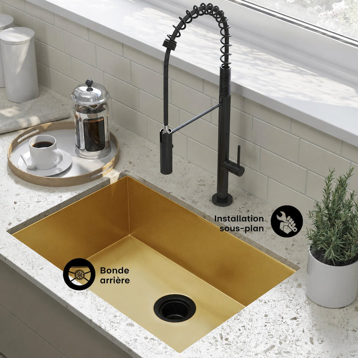 Tourner 66 × 45,7 cm acier inoxydable, simple Basin, Undermount évier de cuisine, or