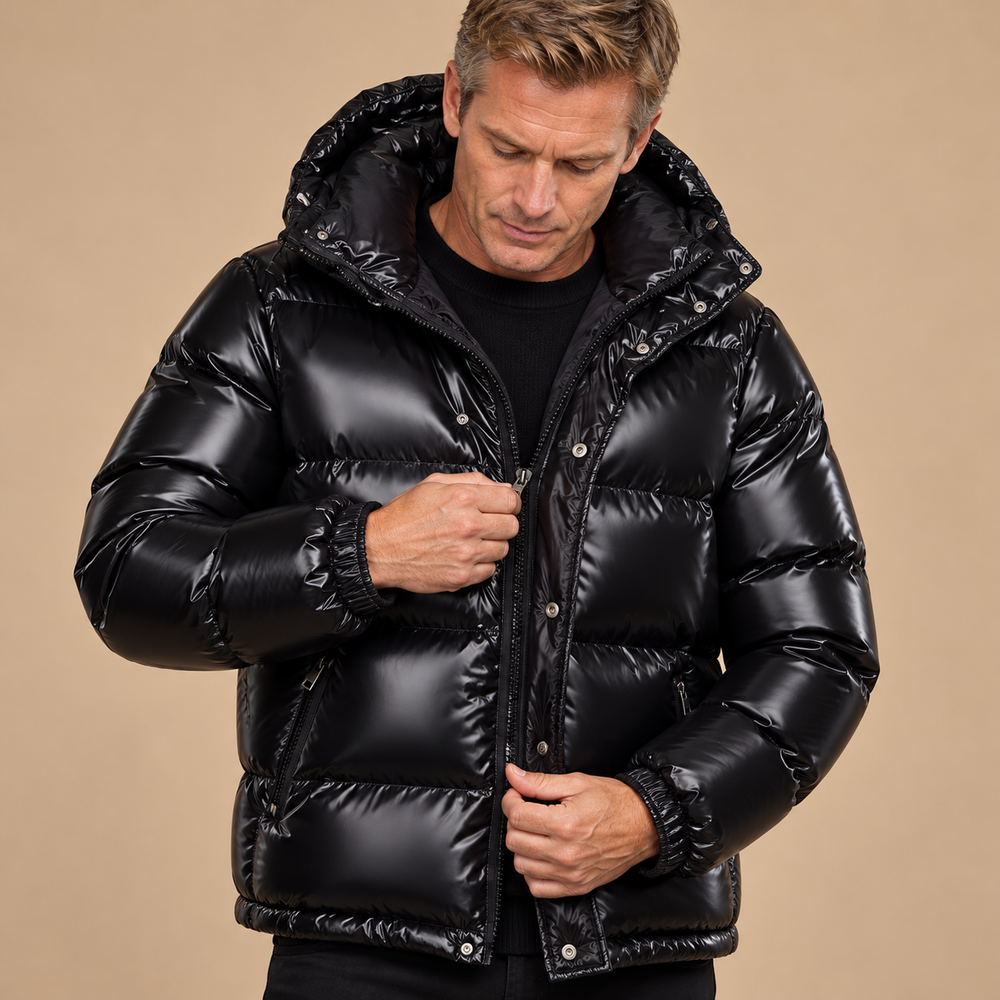 Men’s Glossy Hooded Puffer Jacket — Black