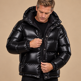 Men’s Glossy Hooded Puffer Jacket — Black