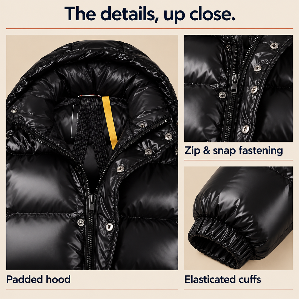 Men’s Glossy Hooded Puffer Jacket — Black