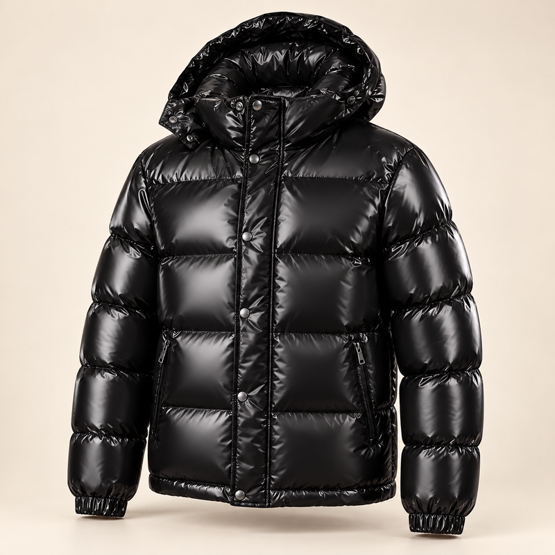Men’s Glossy Hooded Puffer Jacket — Black