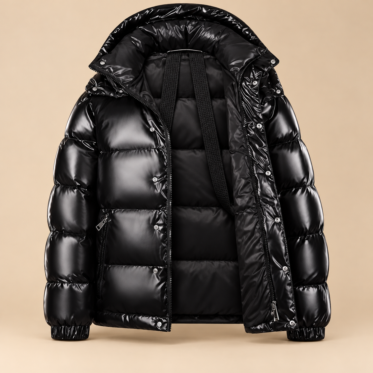 Men’s Glossy Hooded Puffer Jacket — Black