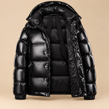 Men’s Glossy Hooded Puffer Jacket — Black