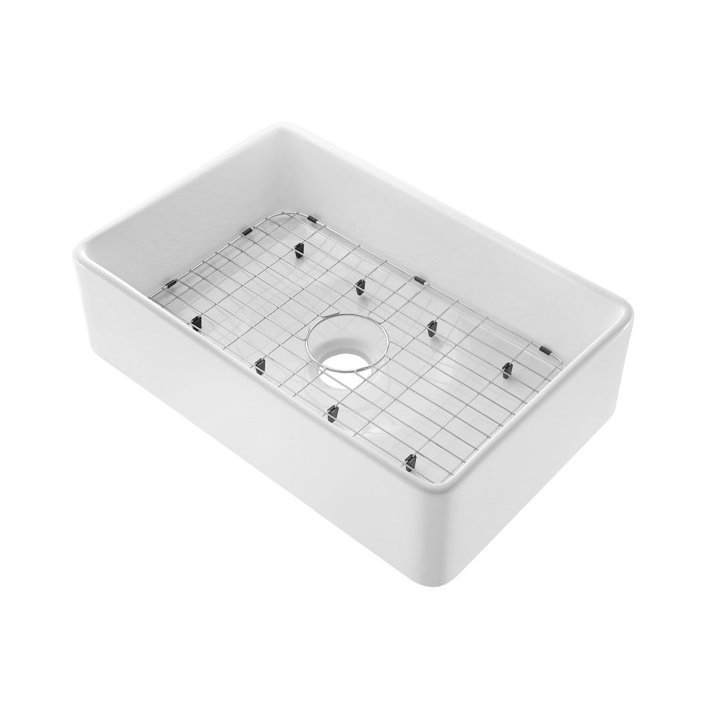 Elegance 76,2 cm x 50,8 cm simple Basin Fireclay Farmhouse évier de cuisine – finition blanc brillant avec acier inoxydable Grid