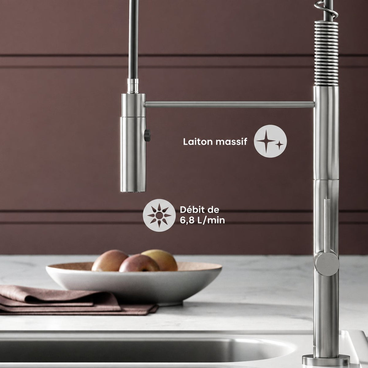 Chalet Poignée unique, Pull-Down mitigeur de cuisine – finition nickel brossé