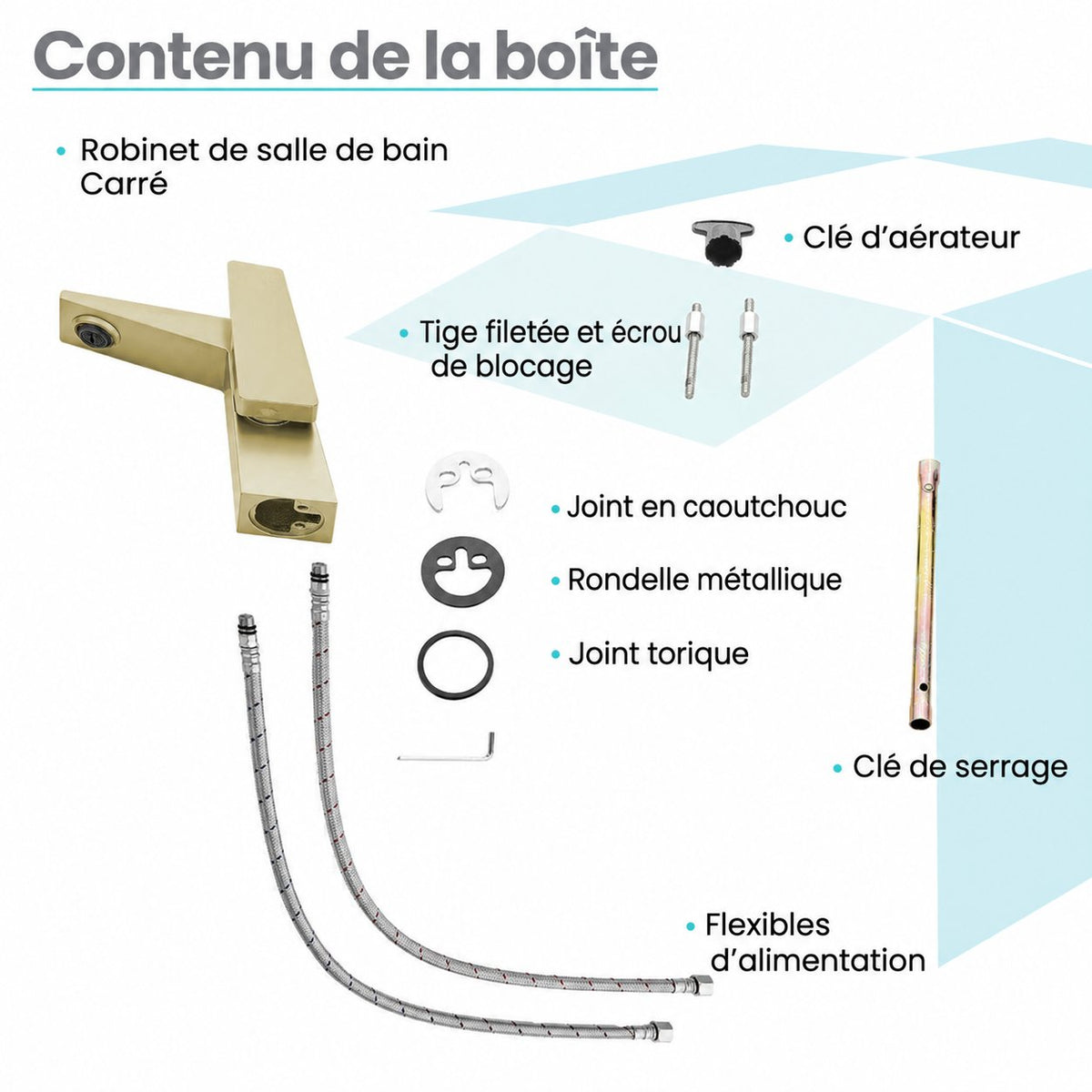 Carre monotrou, monocommande, mitigeur de lavabo – finition or brossé