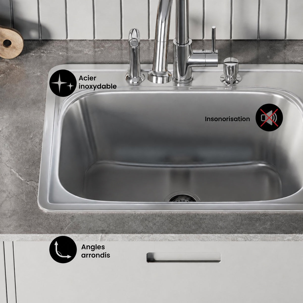 Ouvert 63,5 × 55,9 cm acier inoxydable, simple Basin, Top Mount évier de cuisine