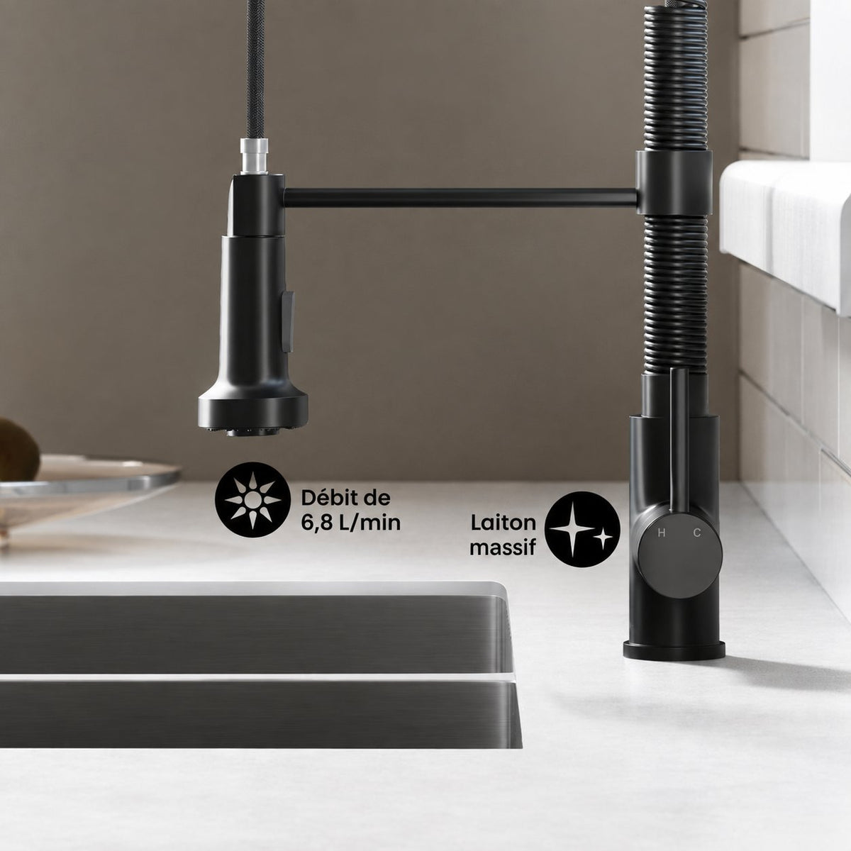 Nouvet Poignée unique, Pull-Down mitigeur de cuisine – finition noir mat