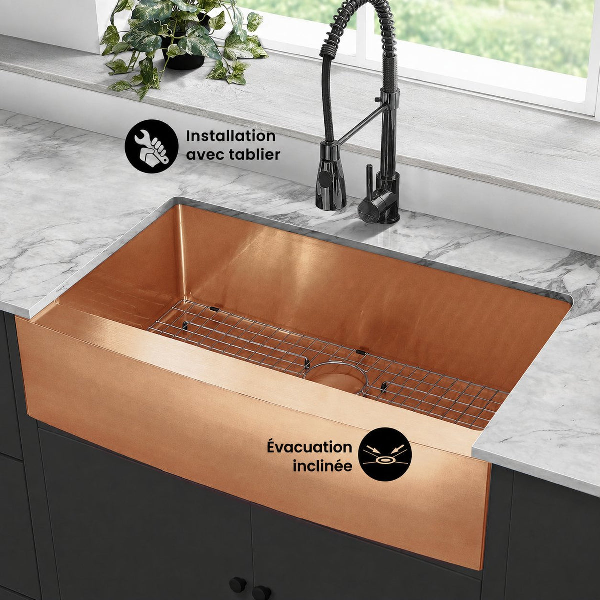 Rivage 91,4 × 53,3 cm acier inoxydable, simple Basin, Farmhouse évier de cuisine avec Apron – finition Rose or