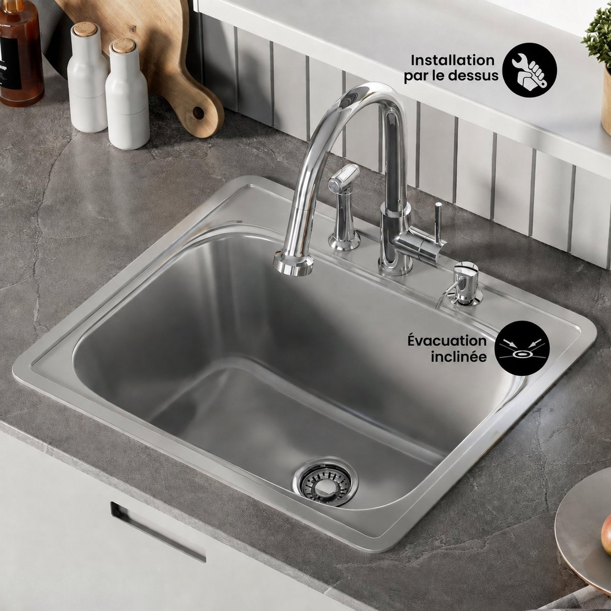 Ouvert 63,5 × 55,9 cm acier inoxydable, simple Basin, Top Mount évier de cuisine