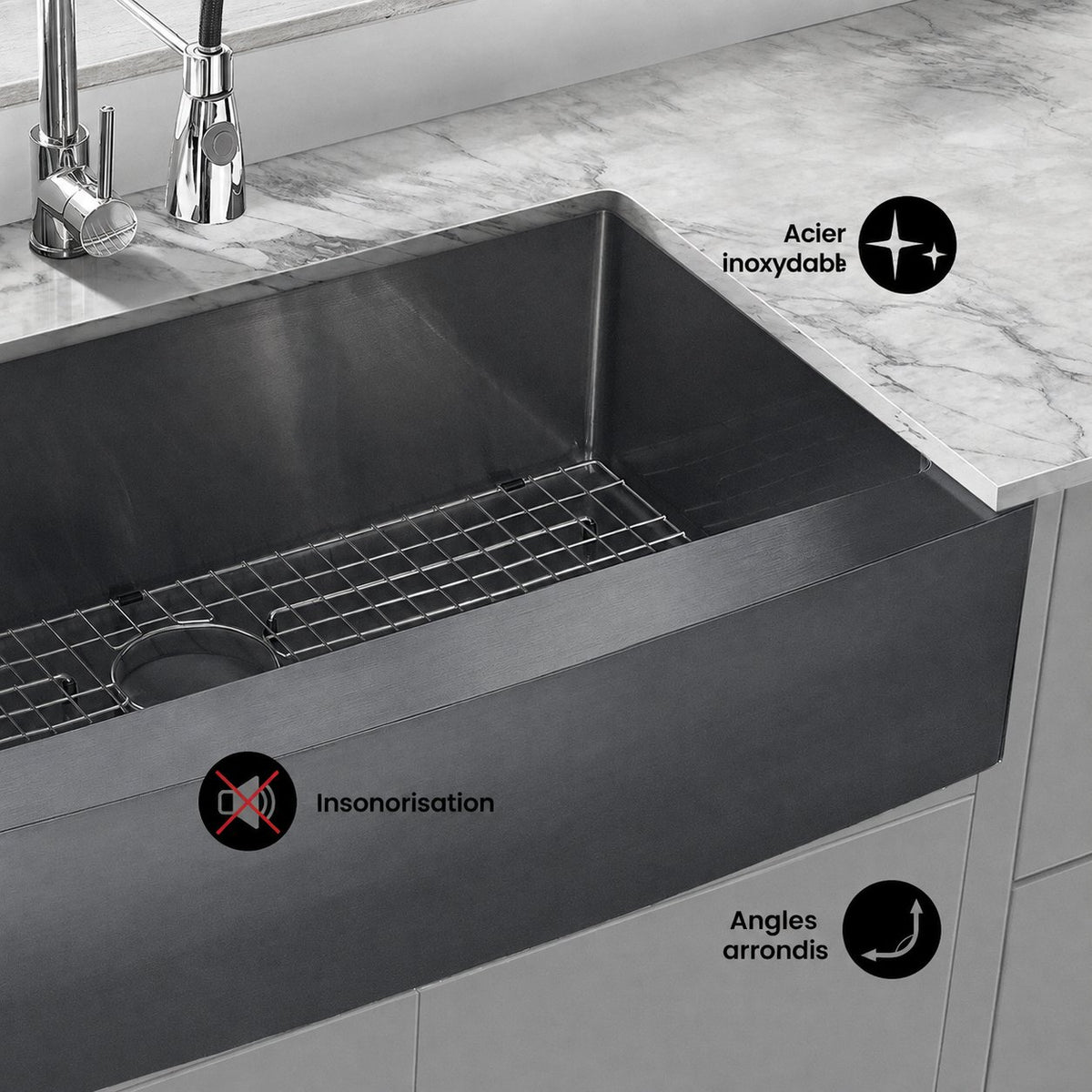 Rivage 91,4 × 53,3 cm acier inoxydable, simple Basin, Farmhouse évier de cuisine avec Apron – finition noir