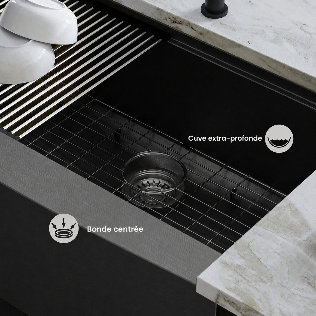 Tourner 83,8 × 55,9 cm acier inoxydable, simple Basin, Farmhouse Kitchen Workstation vasque avec Apron – finition noir