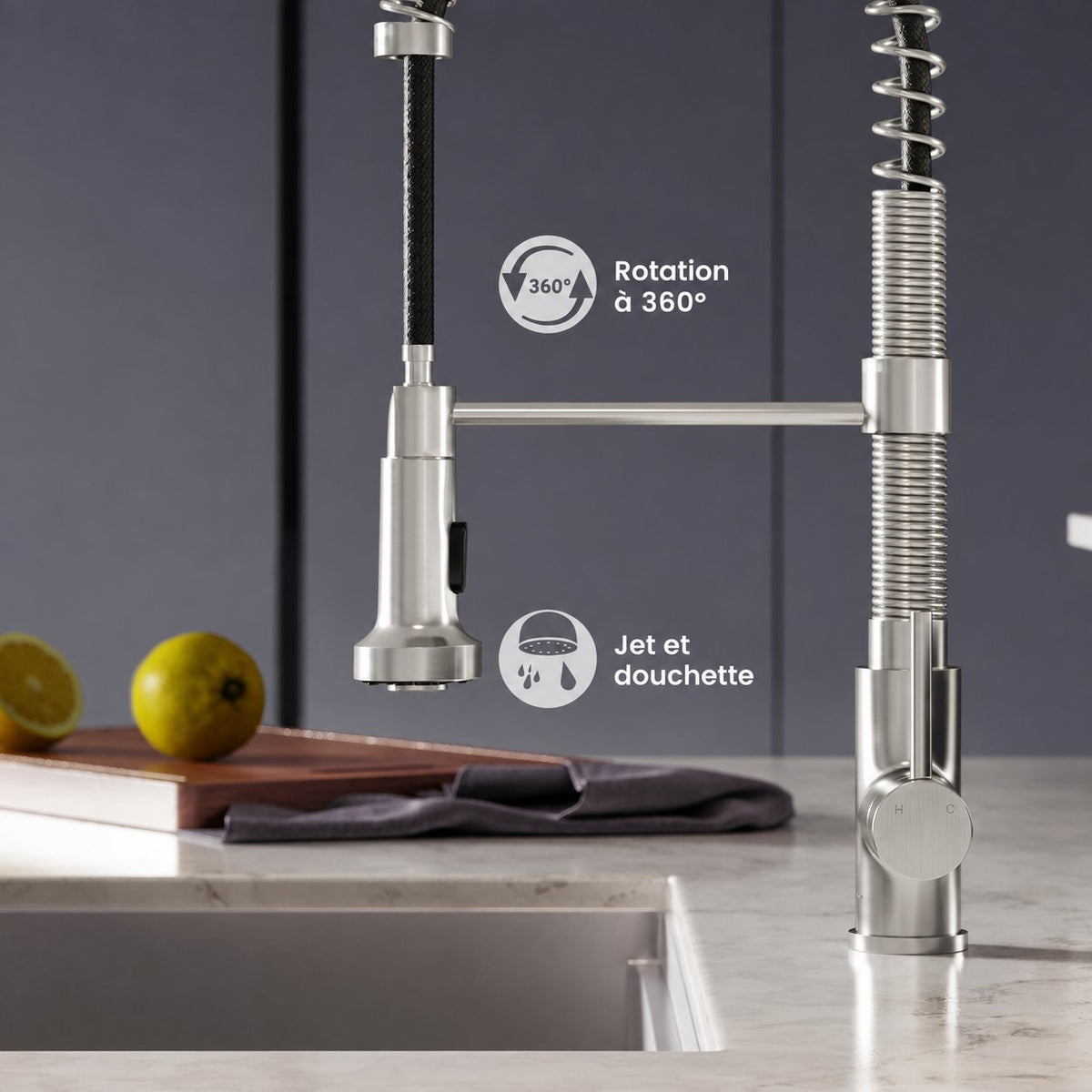 Nouvet Poignée unique, Pull-Down mitigeur de cuisine – finition nickel brossé